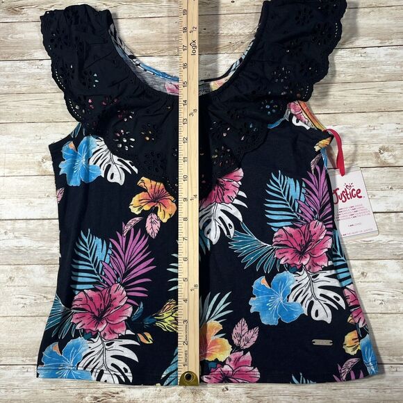 Girls Sleeveless Tropical Print Top W/ Black Ruffle Neckline And Buttons 12/14 L - Picture 4 of 9